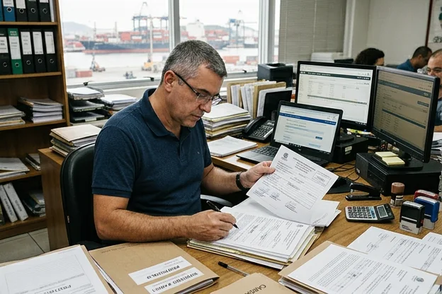 Despachante revisando documentação para desbloqueio de sinistro em Santos.