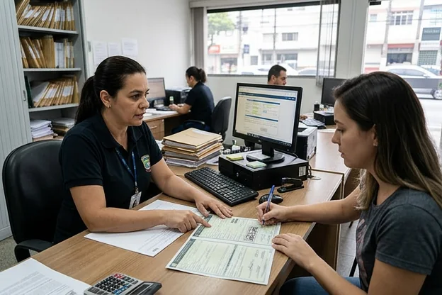Profissional despachante guiando cliente na transferência de veículo em Santos.
